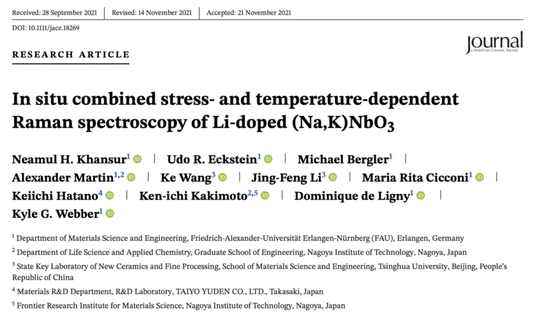 Journal of the American Ceramic Society Best Paper Award